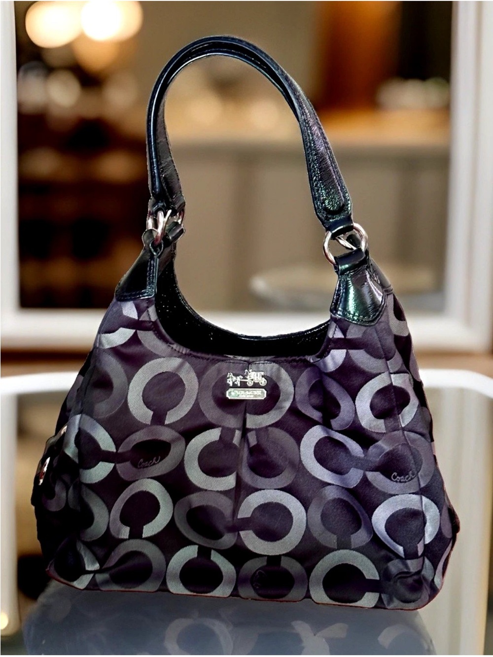 🖤COACH🖤 CANVAS LOGO OP ART PATENT LEATHER TRIM 3 SECTION HOBO SHOULDER BAG